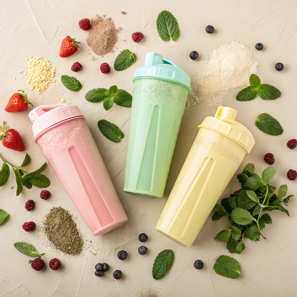 flat-lay-of-three-protein-shake-bottles-in-differe